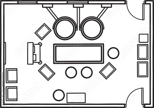 Architectural rendering of an interior space, meticulously drawn with precise lines. Revealing a functional and artistic design.