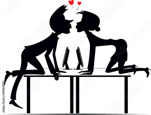 Office. Man and woman in love.
Young man and woman falling in love and kissing on the table in office
