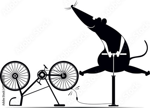 Cycling rat or mouse and a broken bicycle. 
Cartoon rat or mouse inflates the wheel of the bicycle