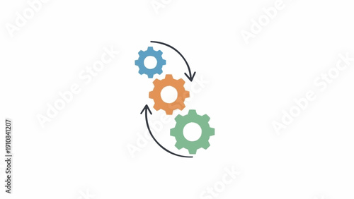 Three interlocking gear wheels turning.