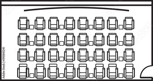 An overhead view of an empty conference or auditorium room, perfect for presentations or events, offering a modern and minimalist design.