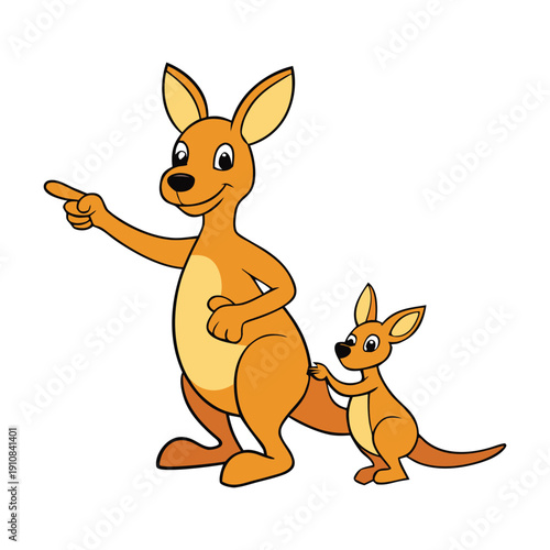 A playful kangaroo stands tall, gently pointing while her curious baby joey peeks from the pouch, capturing a sweet bond in a lively, heartwarming scene.
