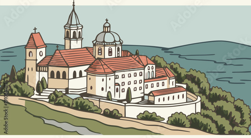Vector illustration of a historical monastery situated on a hill with rolling hills in the background