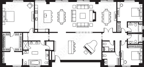 Architectural blueprint of a luxurious apartment, showcasing an elegant design layout with furnished rooms and detailed specifications.
