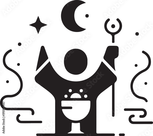 A minimalist illustration of a person surrounded by celestial elements and magic.