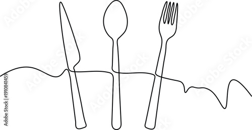 Knife spoon fork icon set top view vector one line continuous drawing illustration Hand drawn linear silhouette