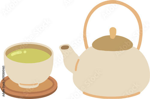 急須と緑茶のかわいい手描きイラスト