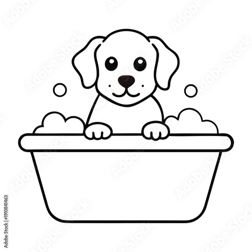 A tiny, fluffy puppy splashes joyfully in a bubbly bath, water droplets flying, eyes sparkling, as it enjoys playful suds and warm, cozy bath time fun.
