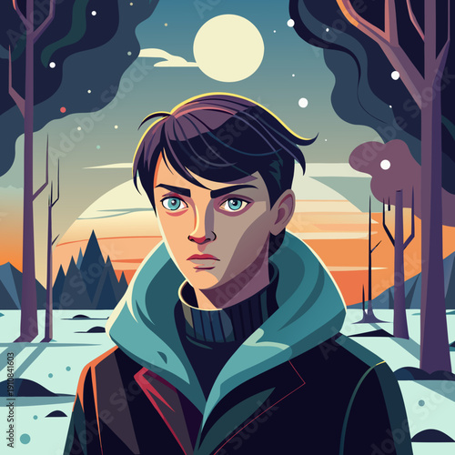 Boy in Winter Landscape with Moon and Sunset