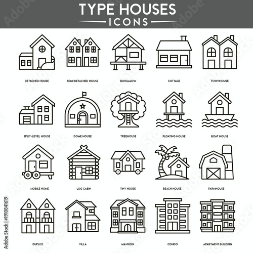 Property and home type outline icon pack,