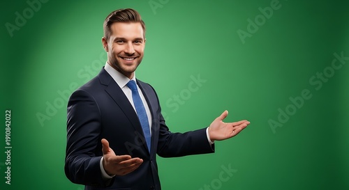 Confident businessman presenting with open arms in green background