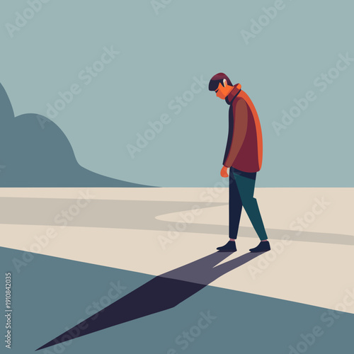 Man Walking With Long Shadow Representing Depression