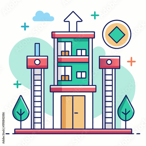 Modern Building with Accessibility Features and Growth Symbol