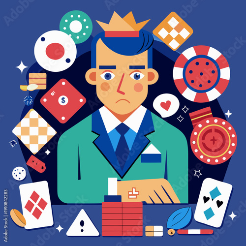Sad King with Gambling Icons