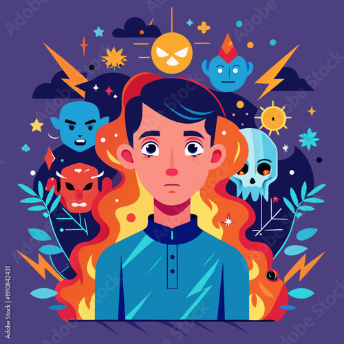 Young person facing mental anguish and surreal entities
