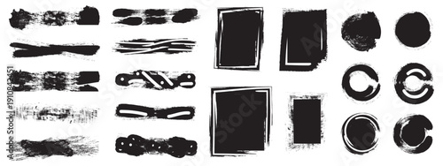 Abstract grunge paint brush stroke set , line and frame. Creative vector shape  Graphic element design with ink splatter or splash, 