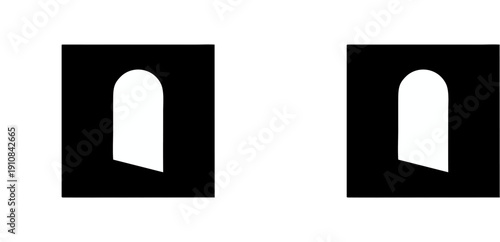 Minimal abstract vector illustration with two black square icons featuring white arch motifs, rounded tops, and slanted bottoms in opposite directions, symbolizing symmetry and perception.