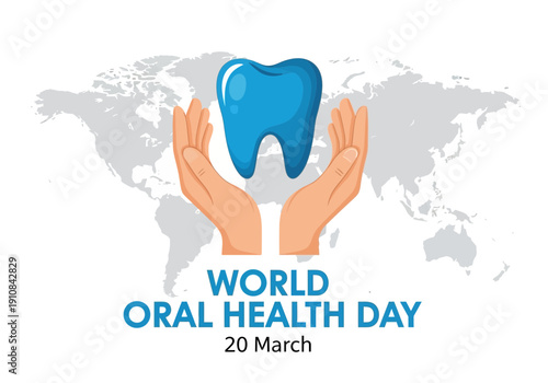 World oral health day illustration with hands holding a blue tooth and world map