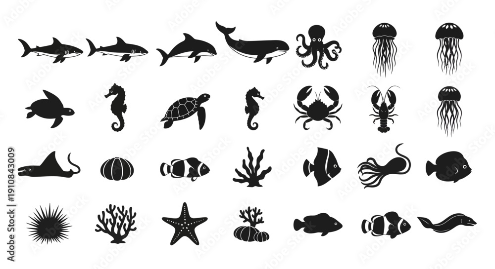 Fototapeta premium Set of black sea animal silhouette vector icons in a simple decorative style