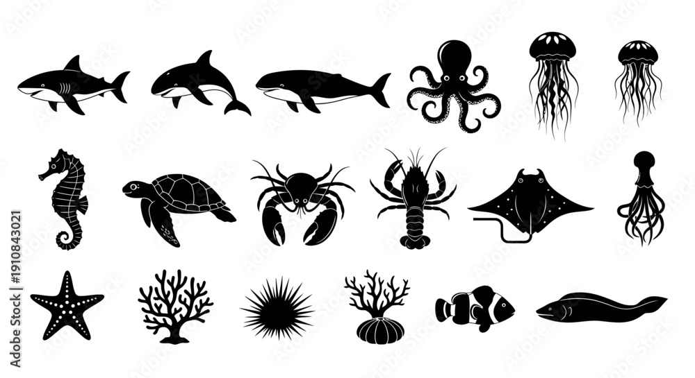 Fototapeta premium Diverse black silhouette icons of marine animals and aquatic life, including whales, sharks, dolphins, octopuses, and coral, perfect for ocean-themed graphic design and educational content