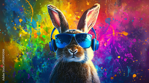 An Easter bunny in glasses and headphones poses against a brightly painted wall—a modern, cheerful look, street style, and a creative, festive mood