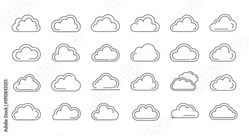 Diverse collection of outline cloud icons and symbols, perfect for representing weather forecasts, digital data storage, internet concepts, and atmospheric phenomena in graphic design