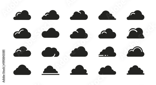 Dynamic collection of minimalist black cloud vector icons, featuring a variety of weather symbols for digital interface design, atmospheric concepts, and graphic elements