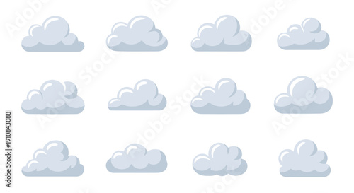 Vector illustration set of cartoon sky clouds for weather applications, digital design projects, and environmental graphics representing atmospheric conditions