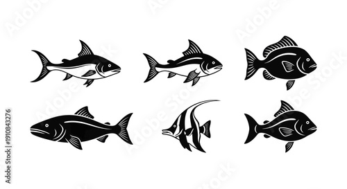 Collection of six unique fish icons, including sharks, koi, and tropical varieties in a black and white vector illustration style