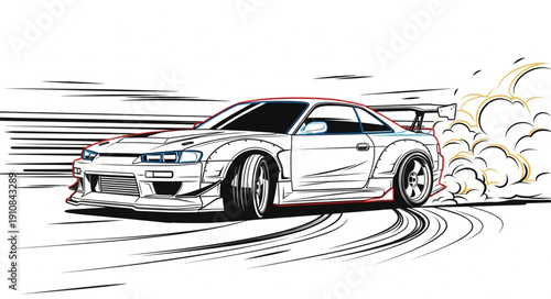 Sports car drifting with smoke and tire marks.