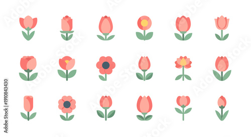 Charming vector collection of flat design spring flower icons, featuring a delightful array of floral shapes and blooming blossoms, perfect for digital projects and seasonal themes