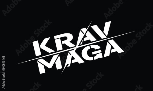 Bold black and white Krav Maga text logo with dynamic slash line design, martial arts self-defense training emblem, aggressive combat sport typography vector illustration