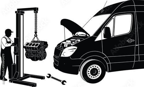 Black silhouette mechanic using engine hoist lifting car motor next to open hood van, auto repair garage service, vehicle maintenance vector illustration