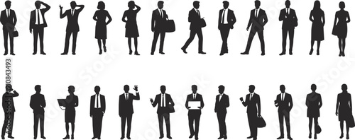 Flat vector silhouettes of diverse business professionals in formal attire standing in various poses representing teamwork, leadership, communication, diversity, and unity