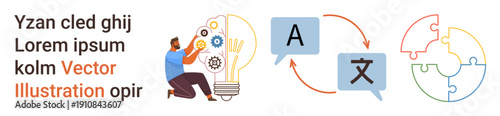 Innovation, teamwork, language translation, global connection, brainstorming, solution development. A person working with a lightbulb, language icons and a puzzle. Innovation and teamwork concepts