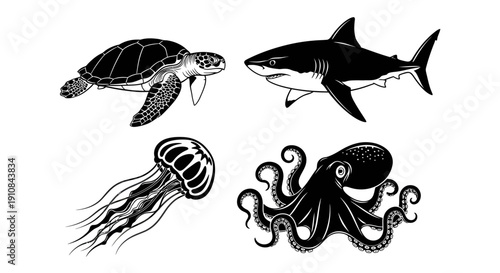 Cartoon set of sea animals and marine creatures swimming underwater in the ocean