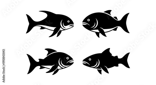Cartoon style set of sharks and fish swimming in the ocean