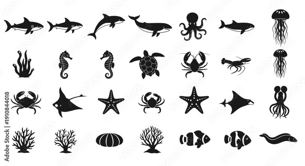 Fototapeta premium Collection of Marine Life and Ocean Icons - Sea Creatures and Underwater Flora