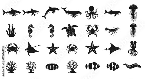 Collection of Marine Life and Ocean Icons - Sea Creatures and Underwater Flora