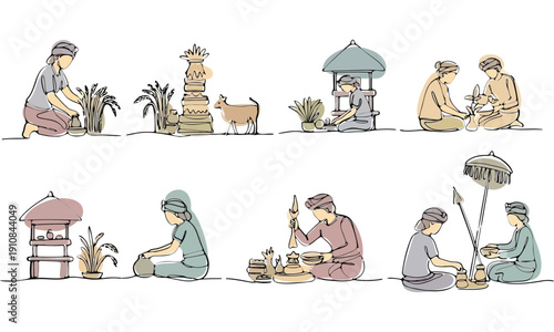 Stylized illustration showcases Balinese individuals engaged in ceremonial offering preparations and traditional daily activities like crafting and farming.