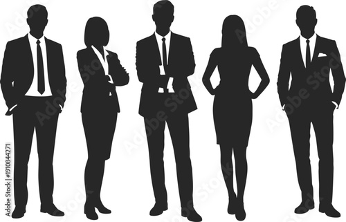 Flat vector silhouettes of diverse business professionals standing in corporate attire with confident postures representing teamwork, leadership, collaboration, diversity, and unity
