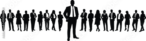 Flat vector silhouettes of diverse business professionals standing in corporate attire with central leader figure representing teamwork, leadership, hierarchy, and unity