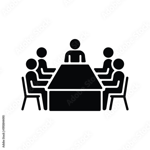 Black silhouette illustration of people seated around a rectangular table