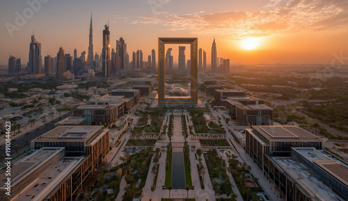 a wide shot of the frame arch in dubai, with the burj khalifa and skyscrapers in the background