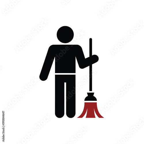 Simple black pictogram depicting a person with a broom for cleaning