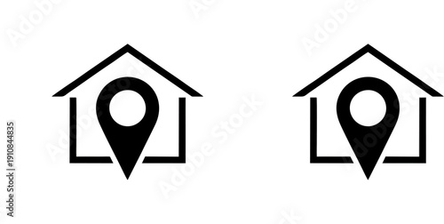 Minimal abstract vector illustration with two black house icons featuring central location pin motifs, symbolizing home location, geolocation services, real estate, and property branding.