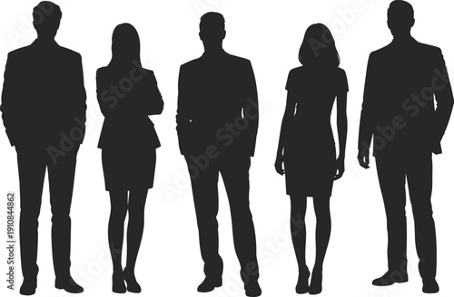 Flat vector silhouettes of diverse business professionals standing together in corporate attire representing teamwork, diversity, leadership, and workplace unity