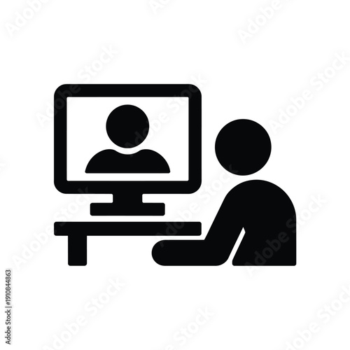 Simple black icon depicting a person video conferencing on a computer