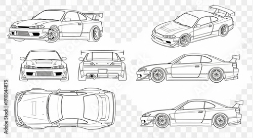 Sports Car Line Art Illustrations Multiple Views.