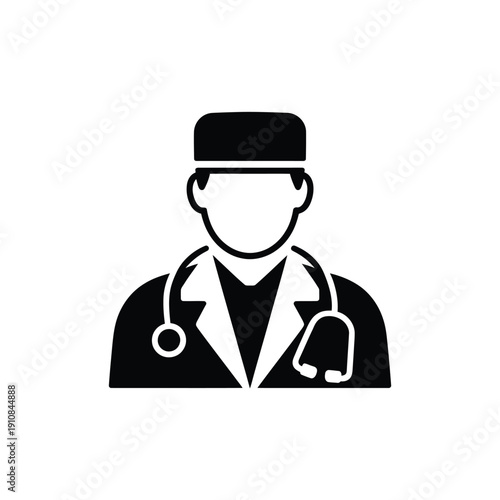 Simple black and white icon of a doctor with a stethoscope